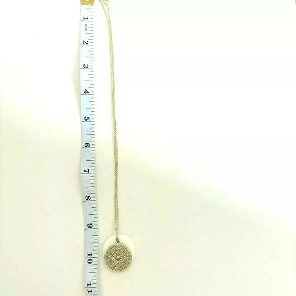 Silver Tone Necklace Filigree Floral Round Disk over White Enamel Disk - Picture 6 of 6